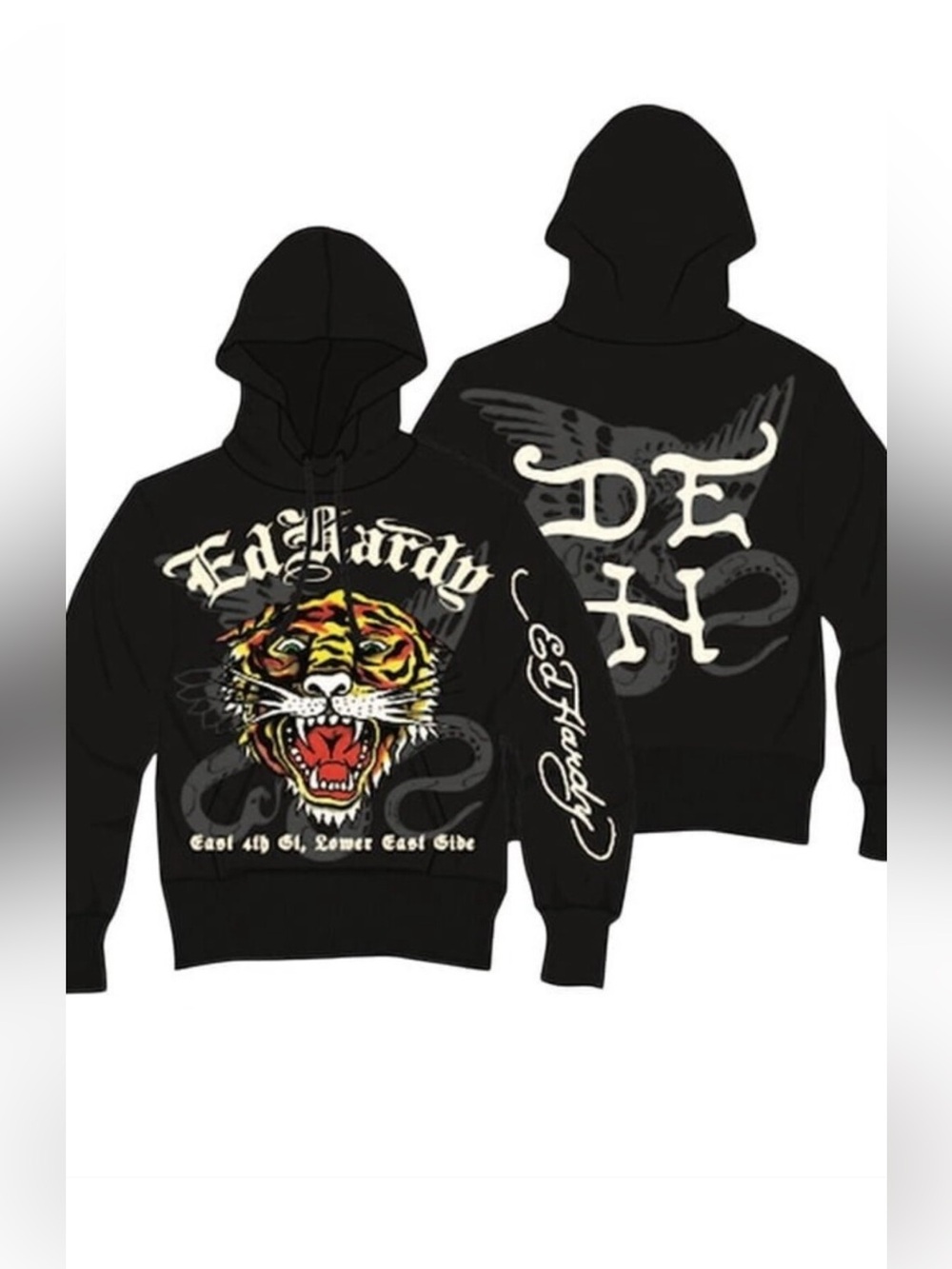 Ed Hardly Rhinestone Tiger Graphic Black Hoodie Men’s Medium